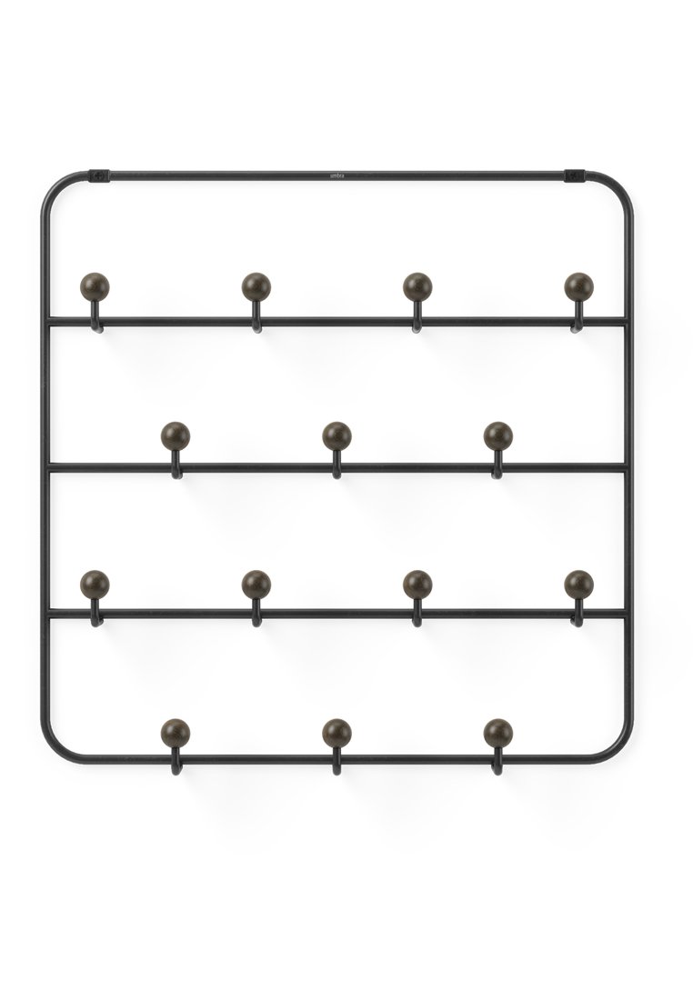 Gancio da muro in metallo con una cornice nera e dodici ganci rotondi. Presenta un design geometrico con barre orizzontali e accenti sferici.