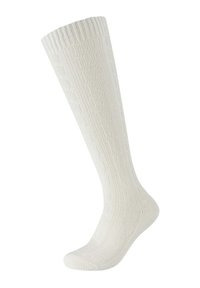 Weiße knielange Socke aus strukturiertem Strick mit einem gerippten Bund und dezentem Muster entlang des Schafts. Weiches und flexibles Material.