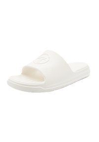White slide sandal featuring an open toe, a textured footbed, and a subtle embossed logo on the strap. Made of lightweight material.