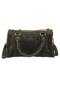 Sac à main en suède vert olive avec fermeture éclair, deux courtes poignées et une bandoulière amovible. Présente des accessoires en bronze et des coutures verticales.