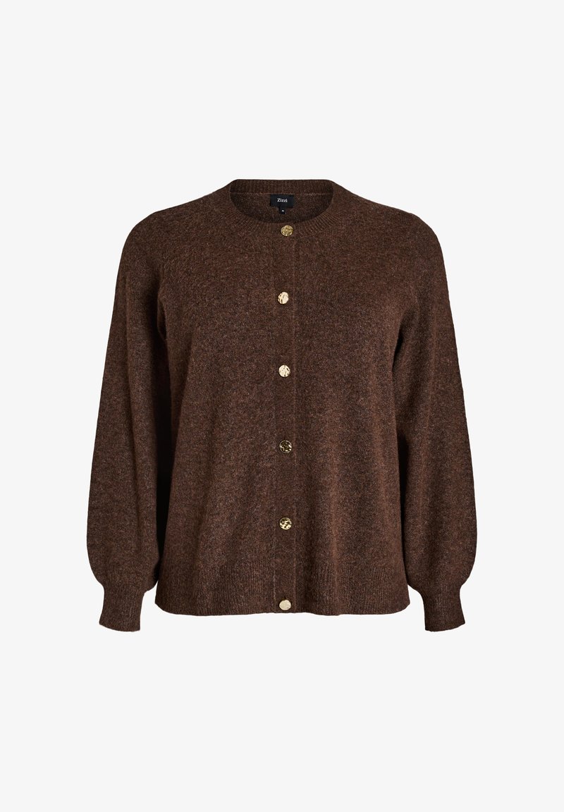 Brown wool cardigan with a round neck, long puff sleeves, and gold buttons down the front. Soft texture and relaxed fit.