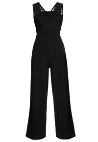 Mono negro con cuerpo de encaje y diseño de pierna ancha. Presenta un escote en V profundo y una cintura ajustada. Tela suave con acentos de encaje texturizado.