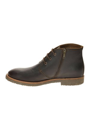 Dunkelbrauner Lederknöchelstiefel mit Seitlicher Reißverschluss, rundem Zehenbereich, braunen Schnürsenkeln und strukturierter Gummisohle.