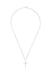 Die silberne Kettenhalskette verfügt über einen einfachen, horizontalen Kreuzanhänger. Die Kette ist zart und hat eine glatte Oberfläche, die das minimalistische Design betont.