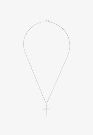 Collar de cadena de plata que presenta un simple colgante de cruz horizontal. La cadena es delicada con un acabado suave, que enfatiza un diseño minimalista.