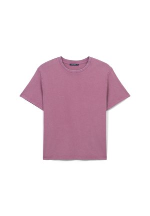 T-shirt a maniche corte, con collo a giro, di un tenue color malva, realizzato in morbido cotone con una vestibilità comoda e un sottile dettaglio di cucitura lungo le cuciture.