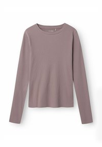 Langärmliges, geripptes Oberteil in gedämpftem Mauve, mit Rundhalsausschnitt und geradem Saum. Weiche Textur mit lässiger Passform und ohne sichtbare Beschläge.