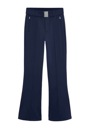 Navy flared trousers featuring a smooth fabric, belt with a silver metal buckle, and two zippered front pockets.