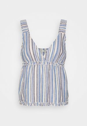 Top sem mangas azul e branco com um decote em V profundo, cintura com babados, e linhas verticais multicoloridas em larguras variadas.