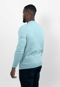 Lichtblauwe trui met lange mouwen, ronde halslijn en geribbelde zoom. De stof lijkt zacht met een gladde textuur, weergegeven vanuit de achterkant.