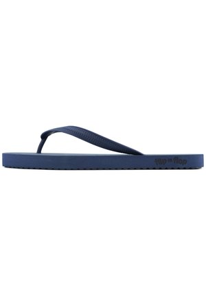 Navy blue rubber flip-flop with a textured strap and a zigzag pattern on the sole. Branding visible on the side. Flat design, casual footwear.