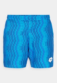 Blue swim shorts with a textured pattern of vertical lines in varying shades. Elastic waistband with a white logo accent on the lower right.