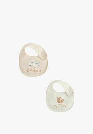 Two baby bibs with snap closures, one beige with two sheep and "I love my Daddy," the other cream with a bunny and "I love my Mummy."