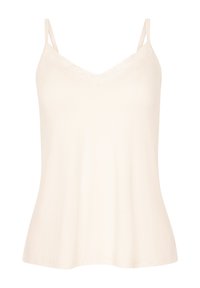 Lichtbeige hemdje met dunne verstelbare bandjes, een V-halslijn en kantafwerking langs de bovenrand. Gemaakt van zachte, gladde stof.