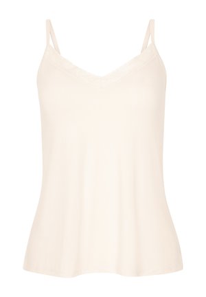 Jasno beżowa kamizelka na cienkich regulowanych ramiączkach, z dekoltem w serek i koronkowym wykończeniem wzdłuż górnej krawędzi. Wykonana z miękkiego, gładkiego materiału.