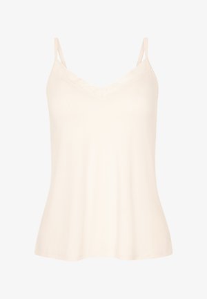 Jasno beżowa kamizelka na cienkich regulowanych ramiączkach, z dekoltem w serek i koronkowym wykończeniem wzdłuż górnej krawędzi. Wykonana z miękkiego, gładkiego materiału.