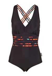 Maillot de bain une pièce noir avec un décolleté en V profond, des bretelles croisées de couleurs vives et une ceinture à motif texturé orange et teal.