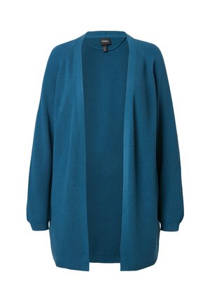 Cardigan holgado en color verde azulado con frente abierto, textura acanalada y mangas largas. Hecho de material suave, presenta un diseño relajado.