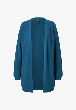 Cardigan holgado en color verde azulado con frente abierto, textura acanalada y mangas largas. Hecho de material suave, presenta un diseño relajado.