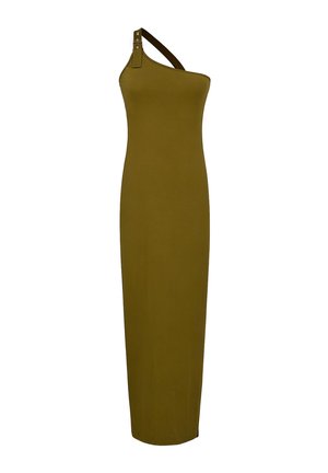 Vestido verde oliva, largo hasta el suelo, de un solo hombro con tirante ajustable y detalle de hebilla en el hombro.