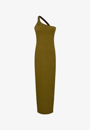 Robe vert olive longue jusqu'au sol, asymétrique avec une bretelle réglable et un détail de boucle à l’épaule.