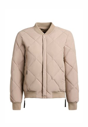 Bézs steppelt bomber dzseki bordázott gallérral, mandzsettákkal és szegéllyel, elülső patentos gombokkal és cipzáras oldalzsebekkel.