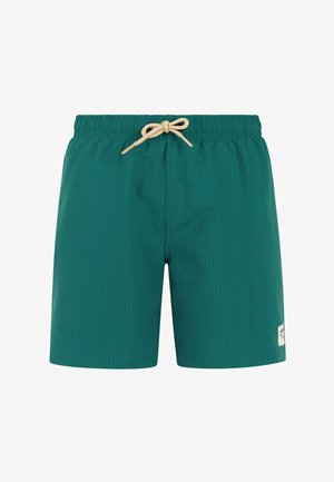 Turkooizen heren zwemshorts met een elastische tailleband en een beige trekkoord, voorzien van een klein wit logovlekje op het linkerbeen.