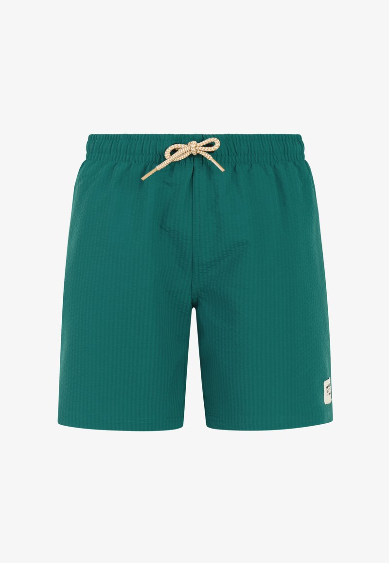 Shorts de bain pour hommes couleur bleu sarcelle avec une taille élastique et un cordon de serrage beige, ornés d'un petit patch logo blanc sur la jambe gauche.