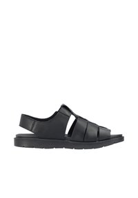 Sandales en cuir noir avec plusieurs découpes de sangles, dos ouvert et semelle en caoutchouc plate. Design élégant, adapté à une tenue décontractée.