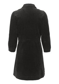 Schwarzes Cordkleid mit Kragen, langen Puffärmeln und elastischen Manschetten. Verfügt über eine vertikale Ripptextur und einen Saum oberhalb der Knie.