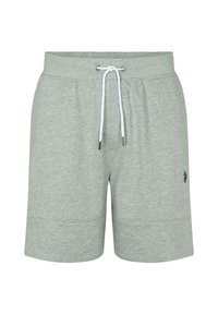 Shorts en mélange de coton gris avec une taille élastique, un cordon blanc et un petit logo noir sur le côté inférieur. Texture lisse, design décontracté.
