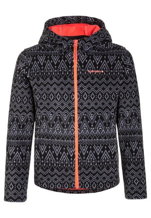 Veste à motifs noir et gris avec fermeture éclair sur le devant, dotée d'une capuche et d'une doublure orange ainsi que de détails zippés. Tissu doux et texturé.