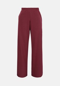 Pantalon à jambes larges de couleur rouge profond avec une ceinture élastique et des poches latérales, présenté sur un fond clair uni.