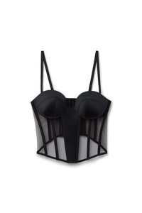 Black corset with padded cups, featuring sheer mesh sides, structured boning, and adjustable straps. Sleek design with a fitted shape.
