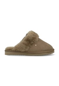 Tan suède pantoffel met een fluweelzachte bontvoering rond de opening, een ronde teen vorm, en een flexibele rubberen zool, ontworpen voor comfort.