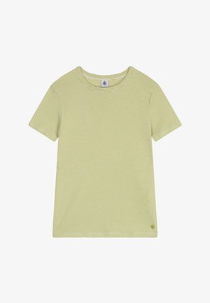 T-shirt vert clair à manches courtes avec de fines rayures blanches. Encolure ronde et un petit logo près de l'ourlet. Matière douce en coton.