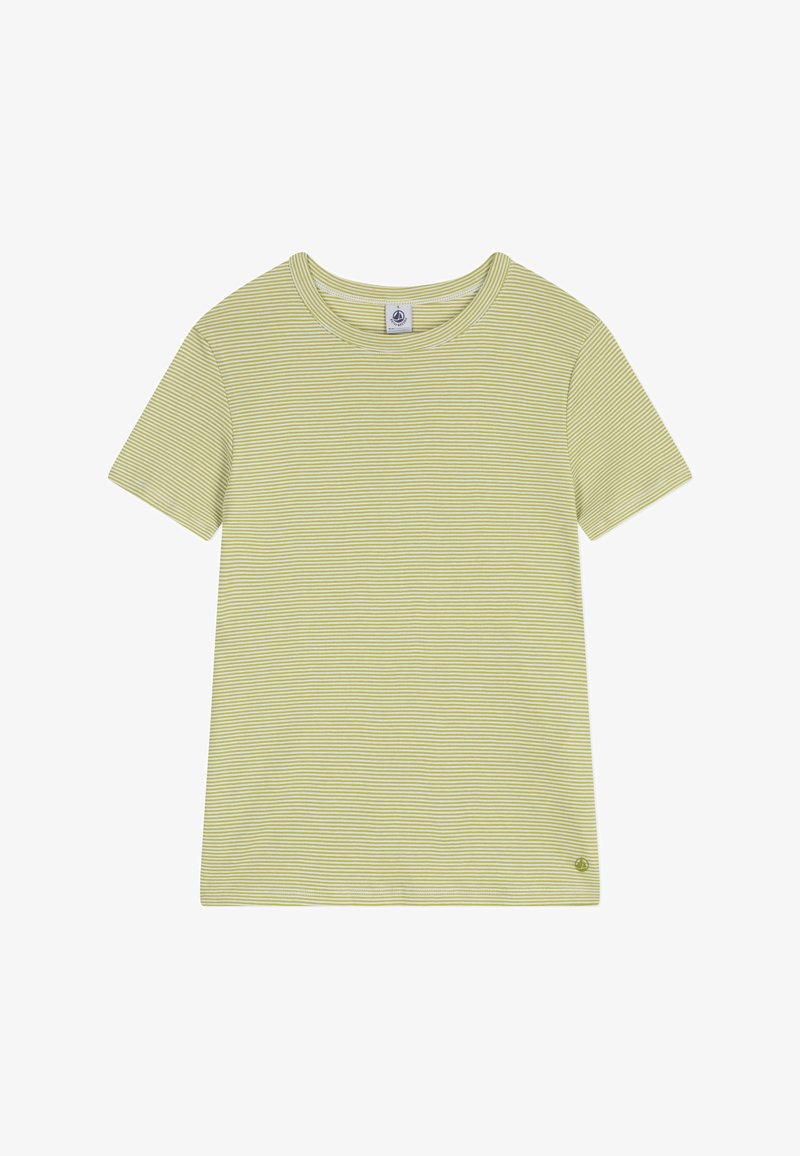 T-shirt verde chiaro a maniche corte con sottili righe bianche. Collo rotondo e un piccolo logo decorativo vicino all'orlo. Materiale morbido in cotone.
