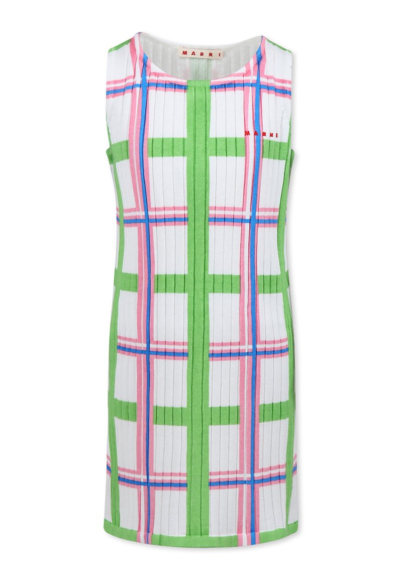 Abito senza maniche realizzato in tessuto a coste, caratterizzato da un motivo a quadri colorati in verde, rosa e blu su sfondo bianco.