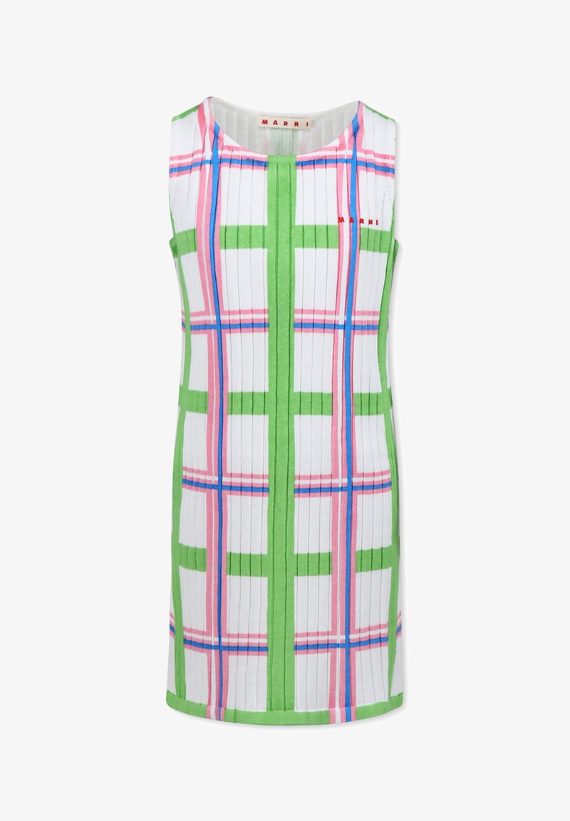 Abito senza maniche realizzato in tessuto a coste, caratterizzato da un motivo a quadri colorati in verde, rosa e blu su sfondo bianco.