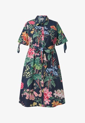 Abito a camicia blu navy con maniche corte, stampa floreale in rosa, arancione, verde e blu, con cintura annodata in vita e laccetti sulle maniche.