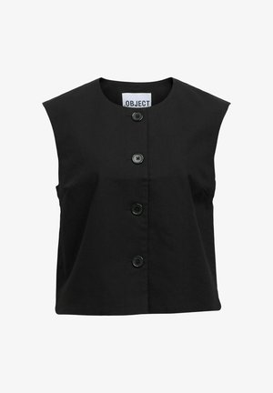 Must mustata, ilma varrukatega ülikond, millel on tekstuuriga kangas, ümmargune kaelus ja viis suurt musta nööpi ees.