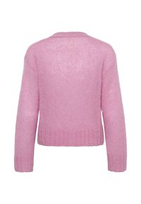 Hellrosa gestrickter Pullover mit langen Ärmeln, strukturiertem Stoff und einem kurz geschnittenen Design mit offenem Rücken. Gerippte Details am Saum und an den Bündchen.