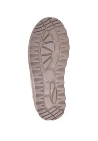 Brązowa gumowa podeszwa buta z teksturowanym wzorem bieżnika, z rowkami i okrągłymi elementami zapewniającymi przyczepność.