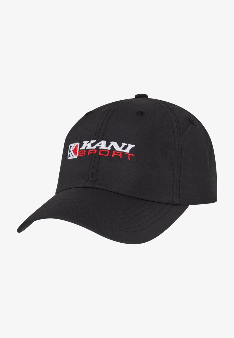 Black baseball cap made of fabric, featuring an embroidered logo in white and red. Curved brim and six-panel construction visible.