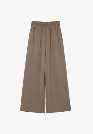 Pantalon à jambes larges en tissu doux et texturé. Taille élastique. Couleur : taupe. Coupe droite avec un ample tomber pour le confort et la liberté de mouvement.