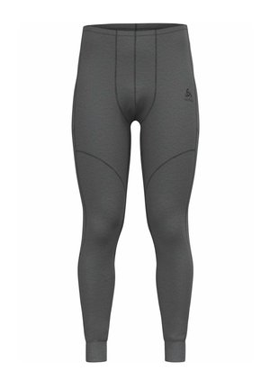 Gray leggings made of stretch fabric, featuring panel seams and a snug fit. The waistband is elastic, with a logo on the left thigh.