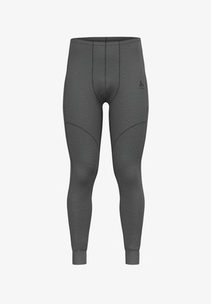 Graue Leggings aus elastischem Stoff, mit Nahtpanelen und enger Passform. Der Bund ist elastisch und trägt ein Logo auf dem linken Oberschenkel.