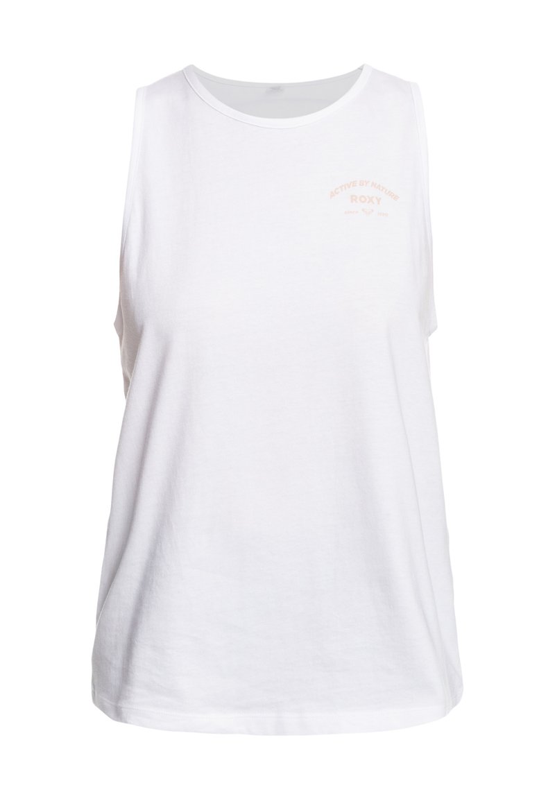Camiseta sin mangas blanca de tela suave, con escote redondeado y un sutil gráfico en melocotón que dice "ACTIVE BY NATURE Roxy" en el frente.