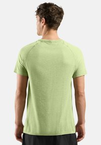T-shirt vert clair à manches courtes en tissu texturé, avec un col rond et des manches raglan, vu de l'arrière.