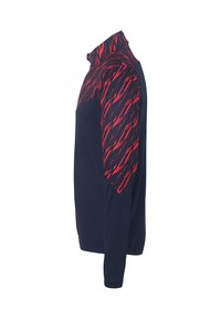 Marineblå pullover sweatshirt med høj krave, med røde og sorte diagonale stribede skuldre og lange ærmer. Blødt stof.